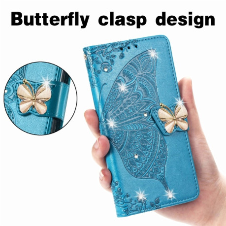 Чехол-книжка Rhinestones Butterfly Love Flower Embossed для Xiaomi 13T / 13T Pro - синий