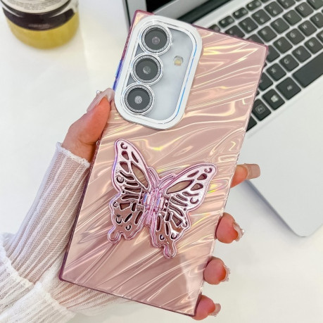 Противоударный чехол Plating Glitter Texture Butterfly для Samsung Galaxy S25 5G - Pink Water Ripples