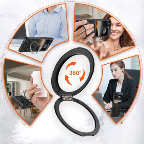 Карбоновий чохол Suteni G3 Carbon Fiber підставка 360 з MagSafe на Samsung Galaxy Flip 7 5G - чорний