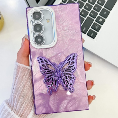 Протиударний чохол Plating Glitter Texture Butterfly для Samsung Galaxy S25 5G - Purple Feathers