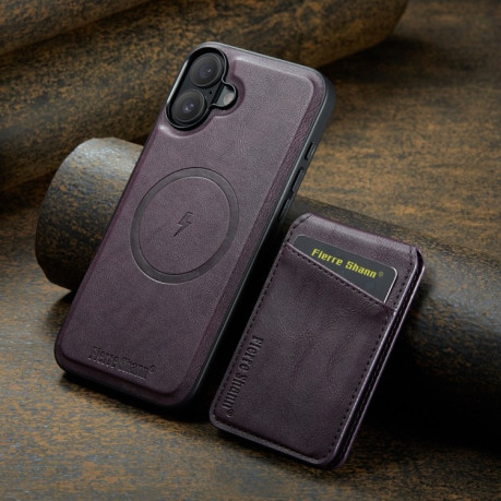 Чехол Fierre Shann Oil Wax Cow Leather Magnetic Card Holder на iPhone 16 - фиолетовый