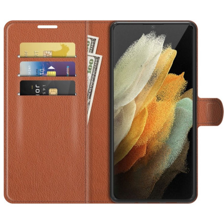 Чехол-книжка Litchi Texture на Samsung Galaxy S22 Ultra 5G - коричневый