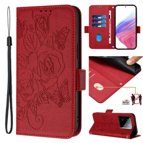 Чехол-книжка Embossed Rose RFID Anti-theft Leather для Realme GT 7 Pro 5G - красный