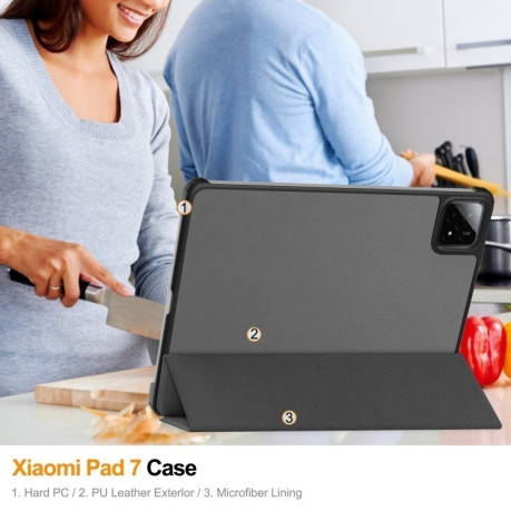 Чехол Custer Texture Three-folding Sleep/Wake-up для Xiaomi Pad 7 / 7 Pro- черный - серый