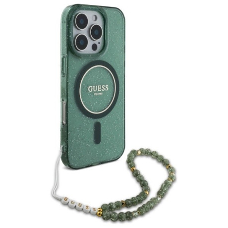 Оригинальный чехол Guess IML Glitter With Pearl Strap MagSafe для iPhone 16 Pro Max - green