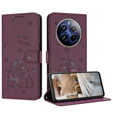 Чехол-книжка Embossed Kitten Phone Leather для Realme 12+ 5G/12 4G/13 4G - винно-красный