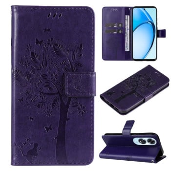 Чохол-книжка Tree &amp; Cat Embossed Pattern для OPPO A60 4G - фіолетовий