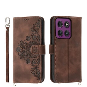 Чехол-книжка Skin-feel Flowers Embossed для Motorola Edge 60 Pro - коричневый