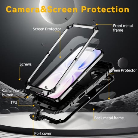 Противоударный чехол R-JUST Metal + Silicone + Tempered Glass Life Waterproof на iPhone 17 - черный