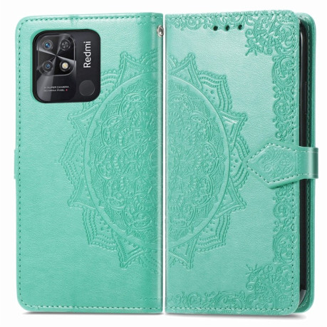 Чехол-книжка Lucky Clover Halfway Mandala Embossing Pattern на Xiaomi Poco C40/Redmi 10c - зеленый