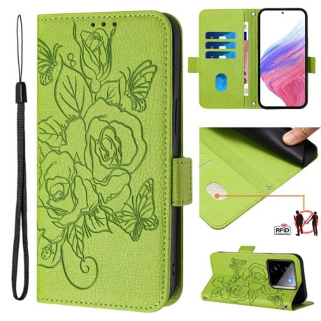 Чехол-книжка Embossed Rose RFID Anti-theft Leather для Realme GT 7 Pro 5G - зеленый