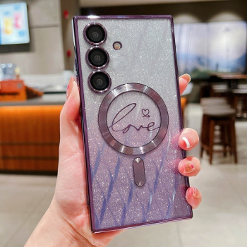 Протиударний чохол Dual-Love Leaves Gradient Glitter MagSafe TPU  для Samsung Galaxy S25 5G - фіолетовий