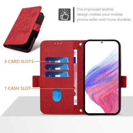 Чохол-книжка Embossed Rose RFID Anti-theft Leather для Xiaomi Redmi Note 14 Pro 4G - червоний