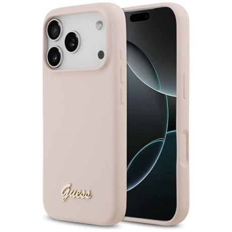 Оригинальный силиконовый чехол Guess Silicone Script Metal Logo с MagSafe на iPhone 17 Pro - Pink