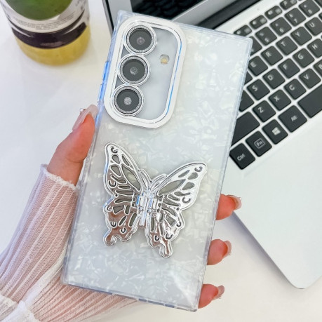 Противоударный чехол Plating Glitter Texture Butterfly для Samsung Galaxy S25+ 5G - White Shell Pattern