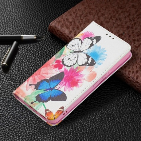 Чехол-книжка Colored Drawing Pattern для Samsung Galaxy S22 5G - Two Butterflies