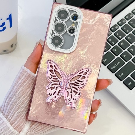 Противоударный чехол Plating Glitter Texture Butterfly Holder TPU для Samsung Galaxy S24 FE 5G - Pink Tinfoil Texture