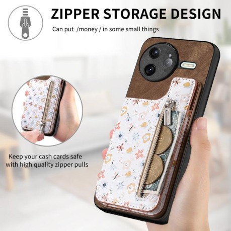 Противоударный чехол Retro Painted Zipper Wallet для Xiaomi Poco F7 Ultra 5G - коричневый