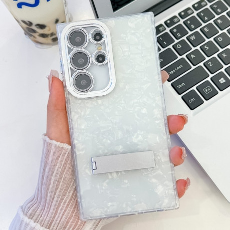 Противоударный чехол Plating Glitter Texture TPU with Lens Film для Samsung Galaxy S25 Ultra 5G - White Shell Pattern