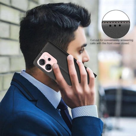 Чехол-книжка Litchi Texture RFID Anti-theft Leather на OPPO Reno14 F 5G - черный