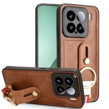 Противоударный чехол Wristband Leather Back для Xiaomi 15 - коричневый