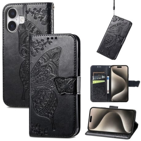 Чехол-книжка Butterfly Love Flower Embossed для iPhone 16 - черный