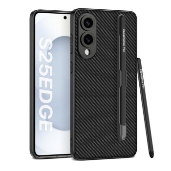 Противоударный чехол GKK Metal Paint Skin Feel Leather with Pen для Samsung Galaxy S25 Edge 5G - Carbon Fiber Black
