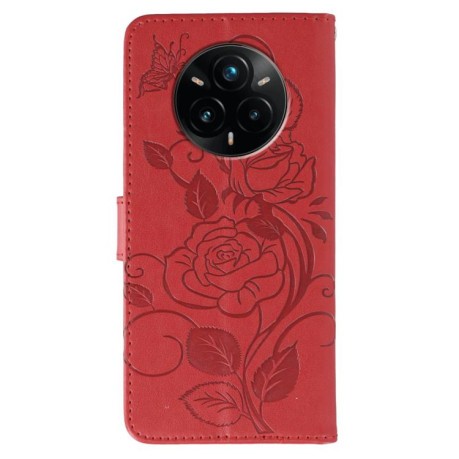 Чехол-книжка Rose Butterfly Embossed Leather для Realme 14 Pro+ - червоний