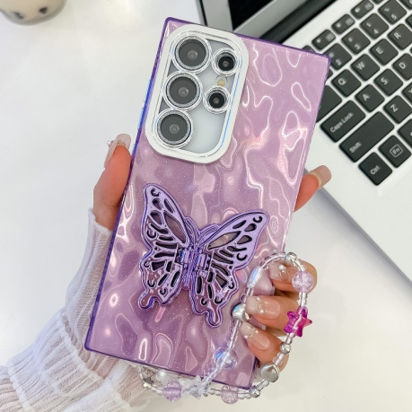 Протиударний чохол Plating Glitter Lens Film Texture Butterfly Holder Wristband  для Samsung Galaxy S25 Ultra 5G - Purple Wrinkles