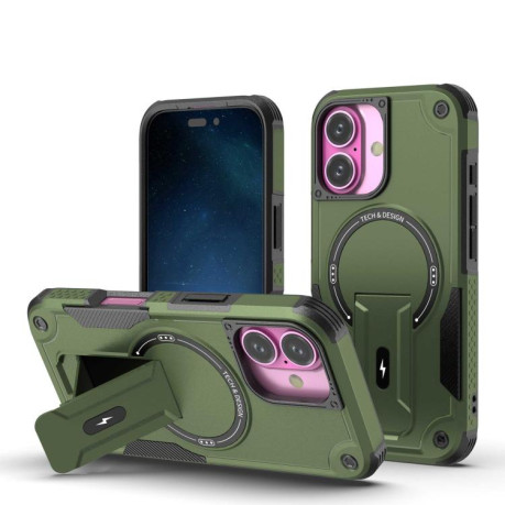 Противоударный чехол MagSafe Holder Armor PC Hybrid для iPhone 17 - зеленый