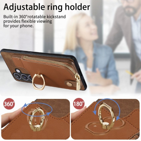 Чехол Cross Leather Ring Vertical Zipper Wallet для Samsung Galaxy S24+ 5G - коричневый