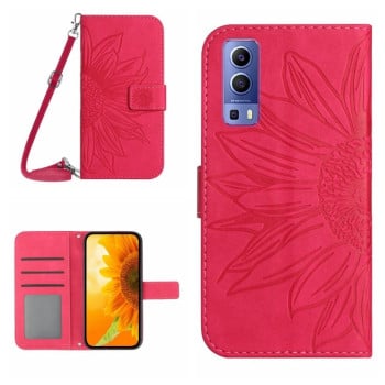 Чехол-книжка Skin Feel с рисунком подсолнуха на Vivo Y72 5G/iQOO Z3/Y52 5G/Y53S - пурпурно-красный