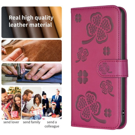 Чехол-книжка Four-leaf Clasp Embossed на Samsung Galaxy S24 FE 5G - пурпурно-красный