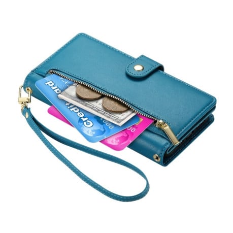 Чехол-кошелек Nine Card-slot Zipper Wallet Bag Leatherдля Samsung Galaxy S24 FE 5G - синий