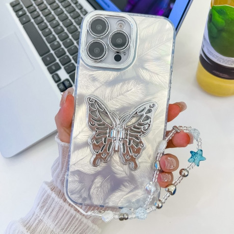 Протиударний чохол Plating Glitter Lens Film Texture Butterfly Holder Wristband для iPhone 16 Pro Max - White Feathers