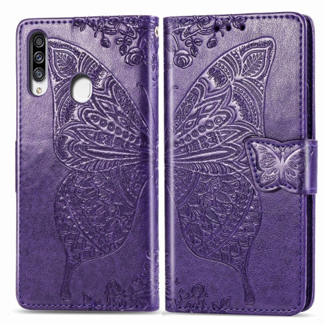 Чохол-книжка Butterfly Love Flowers Embossing на Samsung Galaxy A20S -темно-фіолетовий