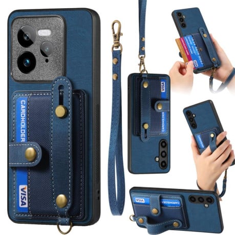 Противоударный чехол Retro Cross Wristband Wallet Leather для Realme GT 7 Pro - синий