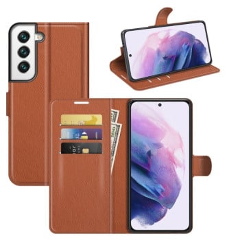 Чехол-книжка с фактурой Litchi и магнитным хлястиком на Samsung Galaxy S22 Plus 5G - коричневый