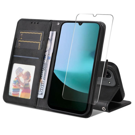 Чохол-книжка ENKAY-гаманець з фактурою calf + скло на Xiaomi Redmi 15C 5G / 4G EU 173.1mm - чорний