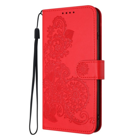 Чехол-книжка Embossed Flower Zipper Leather на Redmi Note 14 5G/Poco M7 Pro 5G - красный
