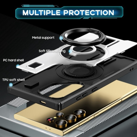 Противоударный чехол Ring Holder Carbon Fiber PC Hybrid TPU для Samsung Galaxy S25 Ultra 5G - белый