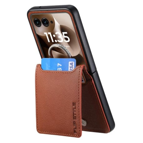 Противоударний чехол Litchi Texture Leather Ring Wallet на Motorola Razr 60 Ultra - коричневий