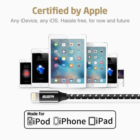 Кабель ESR 1m 2.4A на iPhone XR / iPhone XS MAX / iPhone X &amp; XS / iPhone 8 &amp; 8 Plus / iPhone 7 &amp; 7 Plus / iPhone 6 &amp; 6s &amp; 6 Plus &amp; 6s Plus / iPad / iPod -Black