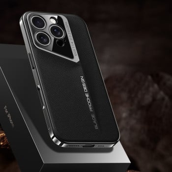 Противоударный чехол J-20 с дизайнерским кожаным покрытием на iPhone 16 Pro Max - черный