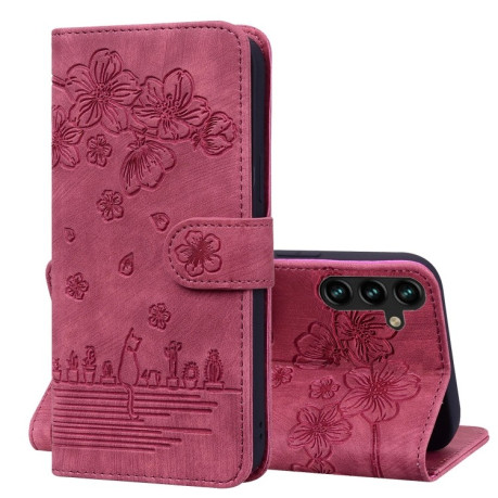 Чехол-книжка Cartoon Sakura Cat для Samsung Galaxy A16 5G - винно-красный