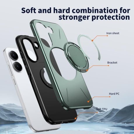 Чехол Metal Rotation Holder MagSafe TPU Hybrid PC с металлическим поворотным держателем и MagSafe на Xiaomi Redmi Turbo 5 5G / Poco X8 Pro 5G — серо-зелёный