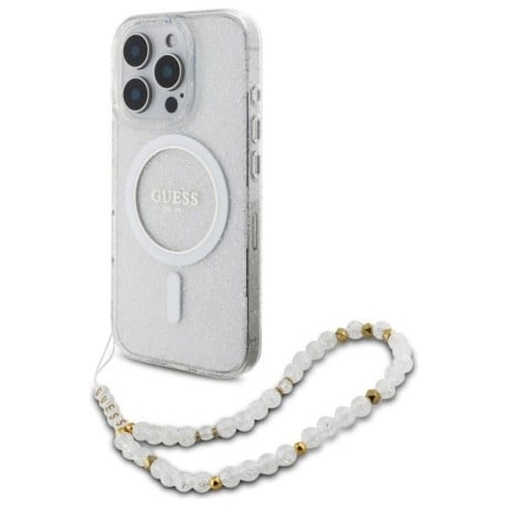 Оригинальный чехол Guess IML Glitter With Pearl Strap MagSafe для iPhone 16 Pro Max - Clear