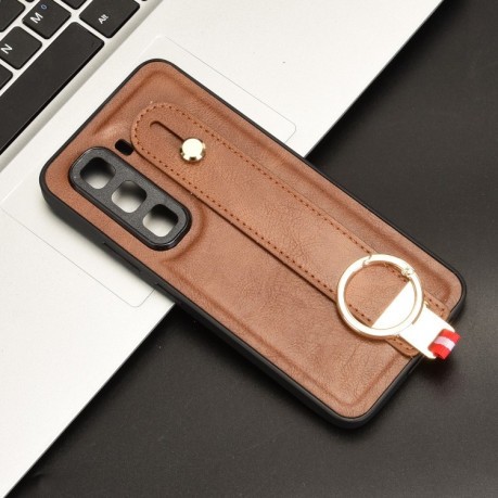 Противоударный чехол Wristband Leather Back для Infinix Hot 50 Pro 4G - коричневый