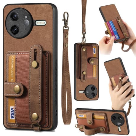 Противоударный чехол Retro Cross Wristband Wallet Leather для Redmi K80 Pro / Poco F7 Ultra - коричневый
