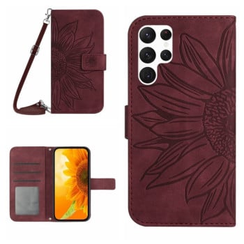 Чехол-книжка Skin Feel с рисунком подсолнуха на Samsung Galaxy S24 Ultra 5G - винно-красный